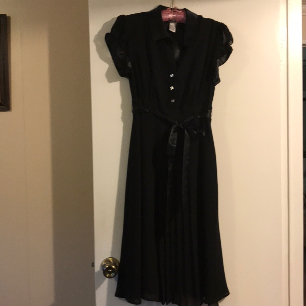 Black chiffon dress with satin accents